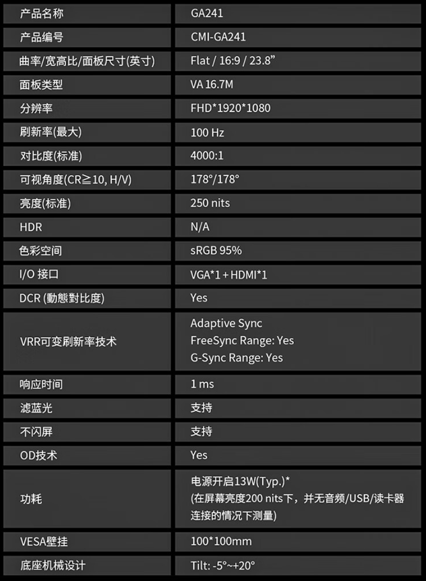 《酷冷至尊GA241游戏显示器》正式发售：售价599元，23.8 英寸 100Hz 高刷 VA 屏